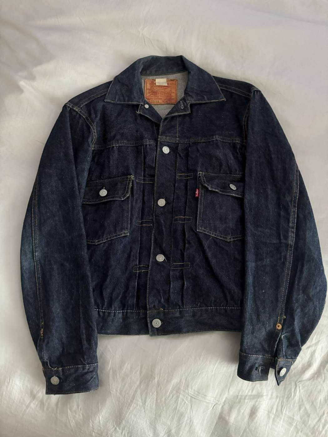 Dark indigo 1950s Levi's 507XX Type 2 denim jacket with intact paper patch, bought by California Vintage Buyers