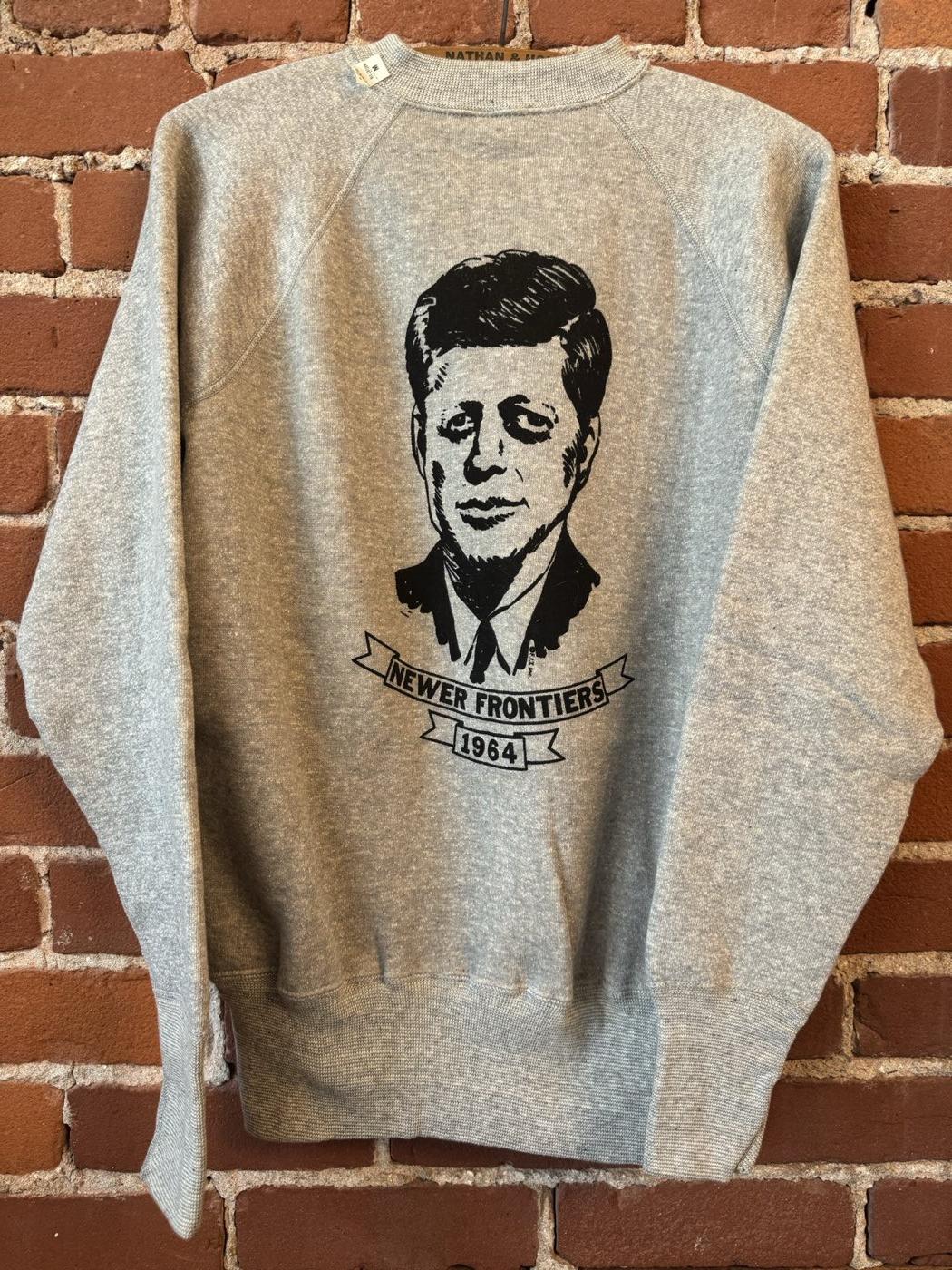 Gray 1964 JFK Newer Frontiers memorial sweatshirt with hangtag attached