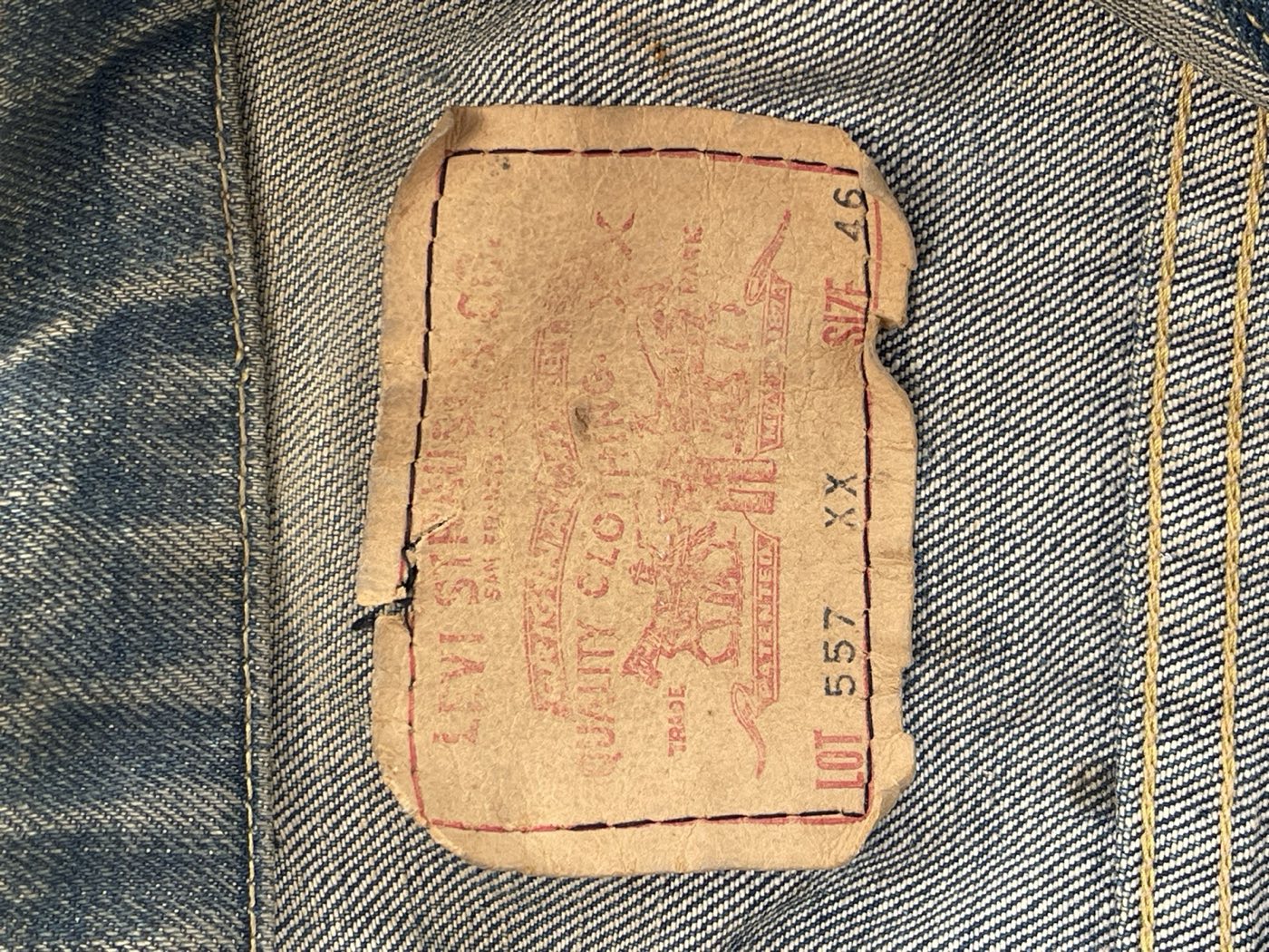 Patch on a 1960s Levi's Type 3 trucker reading Lot 557 XX size 46