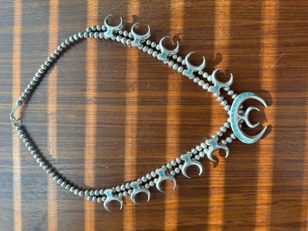 Squash blossom necklace with turquoise inlay crescent najas on silver beads